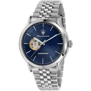 r8823118018 maserati watch men automatic blue dial metal stainless steel silver strap analog three hand epoca
