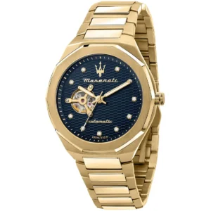 r8823140006 maserati patterned dial watch men automatic blue metal stainless steel gold strap analog three hand stile