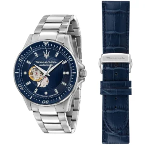 r8823140007 maserati gift set watch men automatic blue dial metal stainless steel silver strap analog three hand sfida