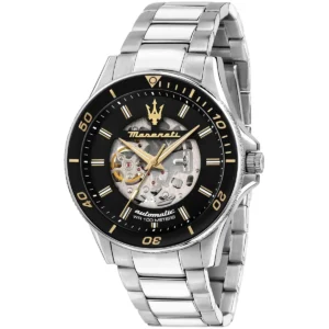 r8823140008 maserati watch men automatic wr 100 meters black dial metal stainless steel silver strap analog three hand sfida