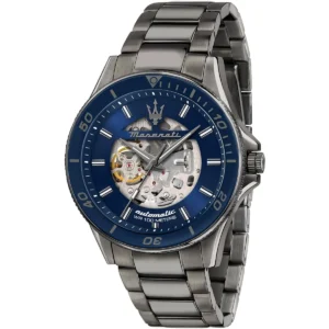 r8823140009 maserati gunmetal stainless steel watch men automatic wr 100 meters blue dial metal gray strap analog three hand sfida