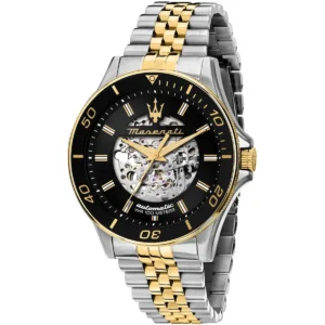 r8823140010 maserati two tone watch men automatic wr 100 meters black dial metal stainless steel silver gold strap analog three hand sfida