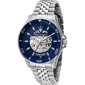 r8823140011 maserati watch men automatic wr 100 meters blue dial metal stainless steel silver strap analog three hand sfida