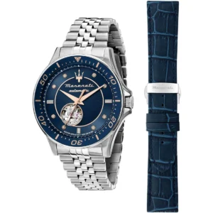 r8823140013 maserati gift set watch men automatic water resistant 100meters blue dial metal stainless steel silver strap analog three hand sfida