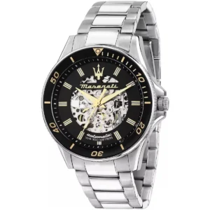 r8823140014 maserati watch men automatic wr 100 meters black dial metal stainless steel silver strap analog three hand sfida