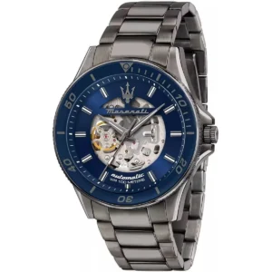 r8823140015 maserati gunmetal stainless steel watch men automatic wr 100 meters blue dial metal gray strap analog three hand sfida