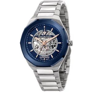r8823142004 maserati patterned dial watch men automatic 100m 330ft blue metal stainless steel silver strap analog three hand stile