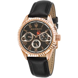 r8851100002 maserati watch men black dial leather strap quartz battery analog 4 hands competizione