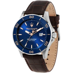 r8851100004 maserati patterned dial watch men water resistant 100meters blue leather brown strap quartz battery analog three hand competizione