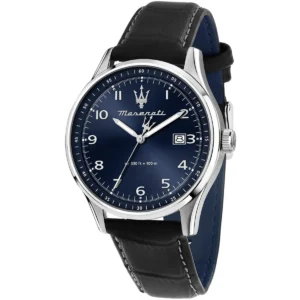 r8851124003 maserati watch men wr 330ft 100m blue dial leather black strap quartz battery analog three hand sorpasso
