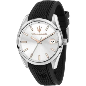 r8851151006 maserati watch men silver dial rubber black strap quartz battery analog three hand attrazione