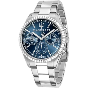 r8853100013 maserati watch men blue dial metal stainless steel silver strap quartz battery analog 4 hands competizione