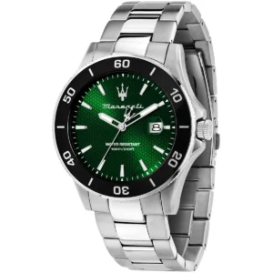 r8853100038 maserati watch men water resistant 100m 330ft green dial metal stainless steel silver strap quartz battery analog three hand competizione