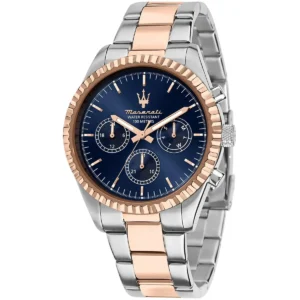 r8853100040 maserati two tone watch men water resistant 100meters blue dial metal stainless steel silver rose gold strap quartz battery analog 4 hands competizione