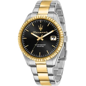 r8853100042 maserati two tone watch men water resistant 100meters black dial metal stainless steel silver gold strap quartz battery analog three hand competizione