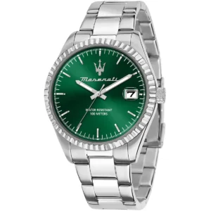 r8853100043 maserati watch men water resistant 100meters green dial metal stainless steel silver strap quartz battery analog three hand competizione
