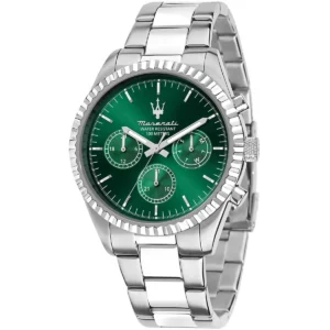 r8853100044 maserati watch men water resistant 100meters green dial metal stainless steel silver strap quartz battery analog 4 hands competizione