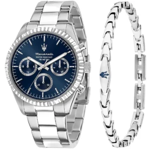 r8853100047 maserati gift set watch men water resistant 100meters blue dial metal stainless steel silver strap quartz battery analog 4 hands competizione