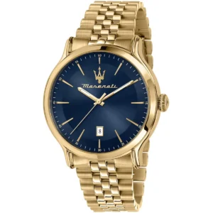 r8853118023 maserati watch men blue dial metal stainless steel gold strap quartz battery analog three hand epoca