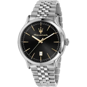 r8853118024 maserati watch men black dial metal stainless steel silver strap quartz battery analog three hand epoca