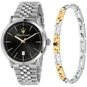 r8853118029 maserati gift set watch men black dial metal stainless steel silver strap quartz battery analog three hand epoca