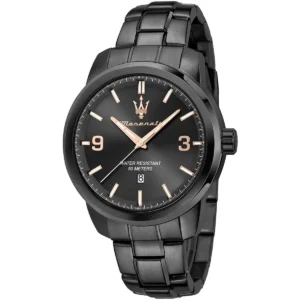 r8853121008 maserati watch men water resistant 50meters black dial metal stainless steel strap quartz battery analog three hand successo