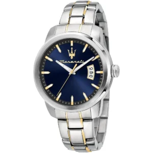 r8853121011 maserati watch men blue dial metal stainless steel silver gold strap quartz battery analog three hand successo