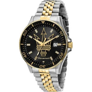 r8853140009 maserati watch men black dial metal stainless steel silver gold strap quartz battery analog three hand sfida