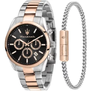r8853151003 maserati two tone gift set watch men black dial metal stainless steel silver rose gold strap quartz battery analog chronograph attrazione
