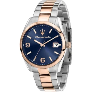 r8853151006 maserati watch men blue dial metal stainless steel silver rose gold strap quartz battery analog three hand attrazione