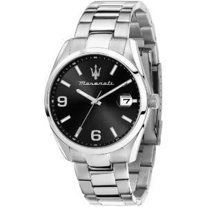 r8853151007 maserati watch men black dial metal stainless steel silver strap quartz battery analog three hand attrazione