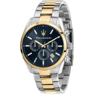 r8853151008 maserati two tone watch men blue dial metal stainless steel silver gold strap quartz battery analog chronograph attrazione