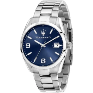 r8853151013 maserati watch men blue dial metal stainless steel silver strap quartz battery analog three hand attrazione