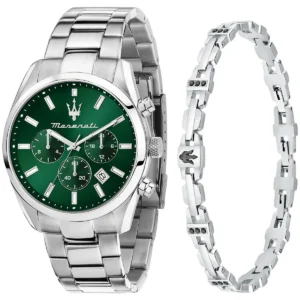r8853151017 maserati gift set watch men green dial metal stainless steel silver strap quartz battery analog chronograph attrazione