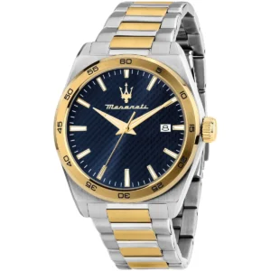 r8853152001 maserati patterned dial watch men blue metal stainless steel silver gold strap quartz battery analog three hand velocita