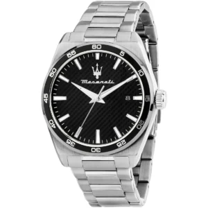 r8853152002 maserati patterned dial watch men black metal stainless steel silver strap quartz battery analog three hand velocita