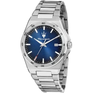 r8853153001 maserati patterned dial watch men blue metal stainless steel silver strap quartz battery analog three hand velocita