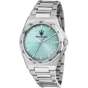 r8853153002 maserati patterned dial watch men turquoise metal stainless steel silver strap quartz battery analog three hand velocita