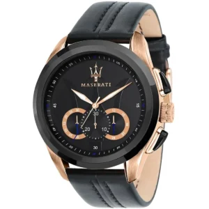 r8871612027 maserati watch men black dial leather strap quartz battery analog chronograph traguardo
