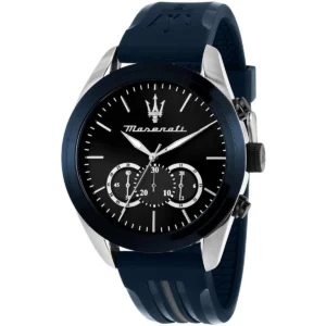 r8871612046 maserati watch men black dial rubber blue strap quartz battery analog chronograph traguardo
