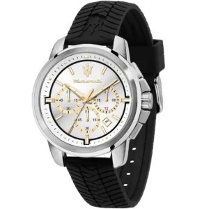 r8871621041 maserati watch men silver dial rubber black strap quartz battery analog chronograph successo
