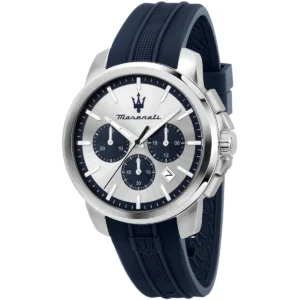 r8871621042 maserati watch men silver dial rubber blue strap quartz battery analog chronograph successo