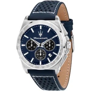 r8871652001 maserati patterned dial watch men blue leather strap quartz battery analog chronograph velocita