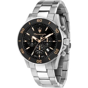 r8873600003 maserati watch men 100m 330ft black dial metal stainless steel silver strap quartz battery analog chronograph competizione