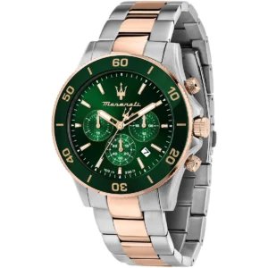 r8873600004 maserati two tone watch men 100m 330ft green dial metal stainless steel silver rose gold strap quartz battery analog chronograph competizione