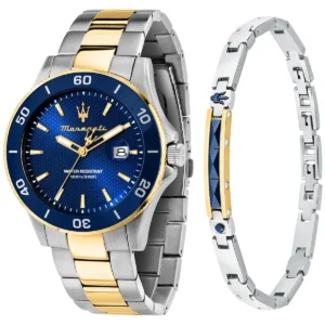 r8873600007 maserati gift set two tone watch men water resistant 100m 330ft blue dial metal stainless steel silver gold strap quartz battery analog three hand competizione