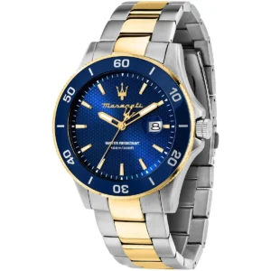 r8873600010 maserati two tone watch men water resistant 100m 330ft blue dial metal stainless steel silver gold strap quartz battery analog three hand competizione