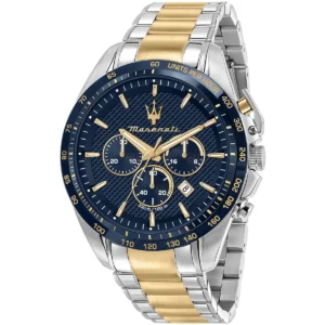 r8873612046 maserati patterned dial two tone watch men 330ft 100m blue metal stainless steel silver gold strap quartz battery analog chronograph traguardo