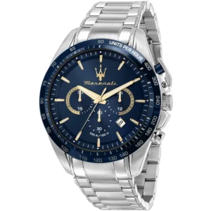 r8873612052 maserati watch men 330ft 100m blue dial metal stainless steel silver strap quartz battery analog chronograph traguardo