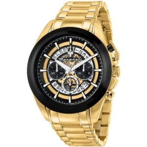 r8873612058 maserati watch men wr 100 meters black dial metal stainless steel gold strap quartz battery analog chronograph traguardo